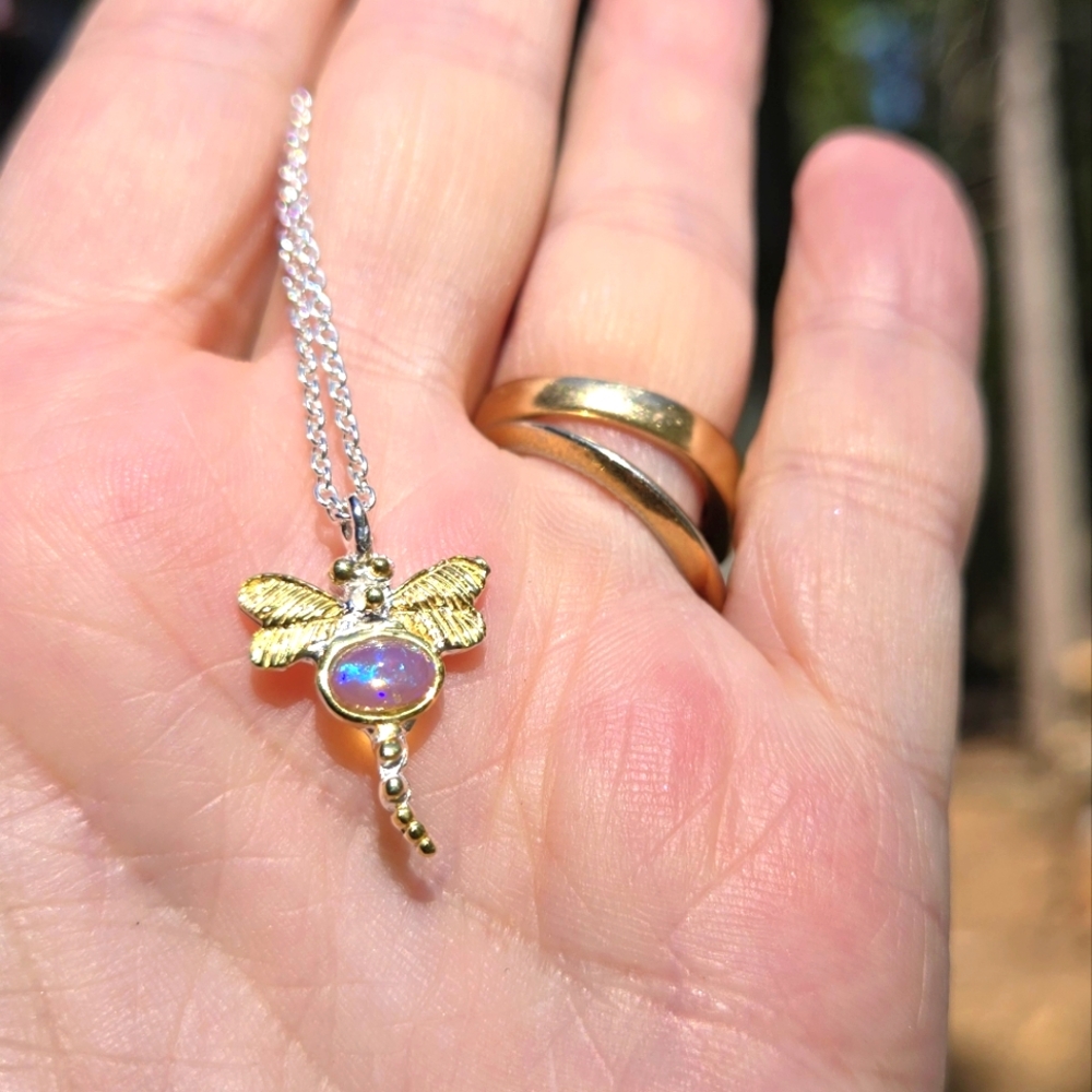 Opal 2k Natural Silver & Gold Dragonfly Necklace 18" - Picture 8 of 9
